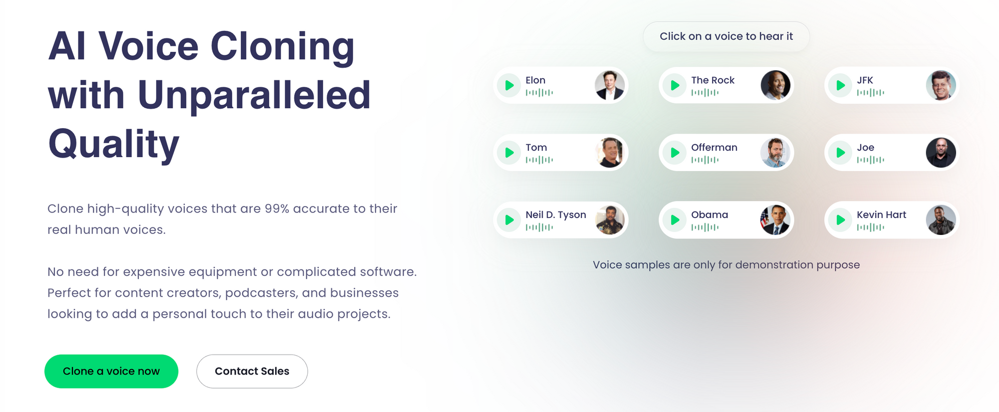 PlayHT homepage showing AI voice cloning demos with clickable voice samples and 99% accurate human voice claims.