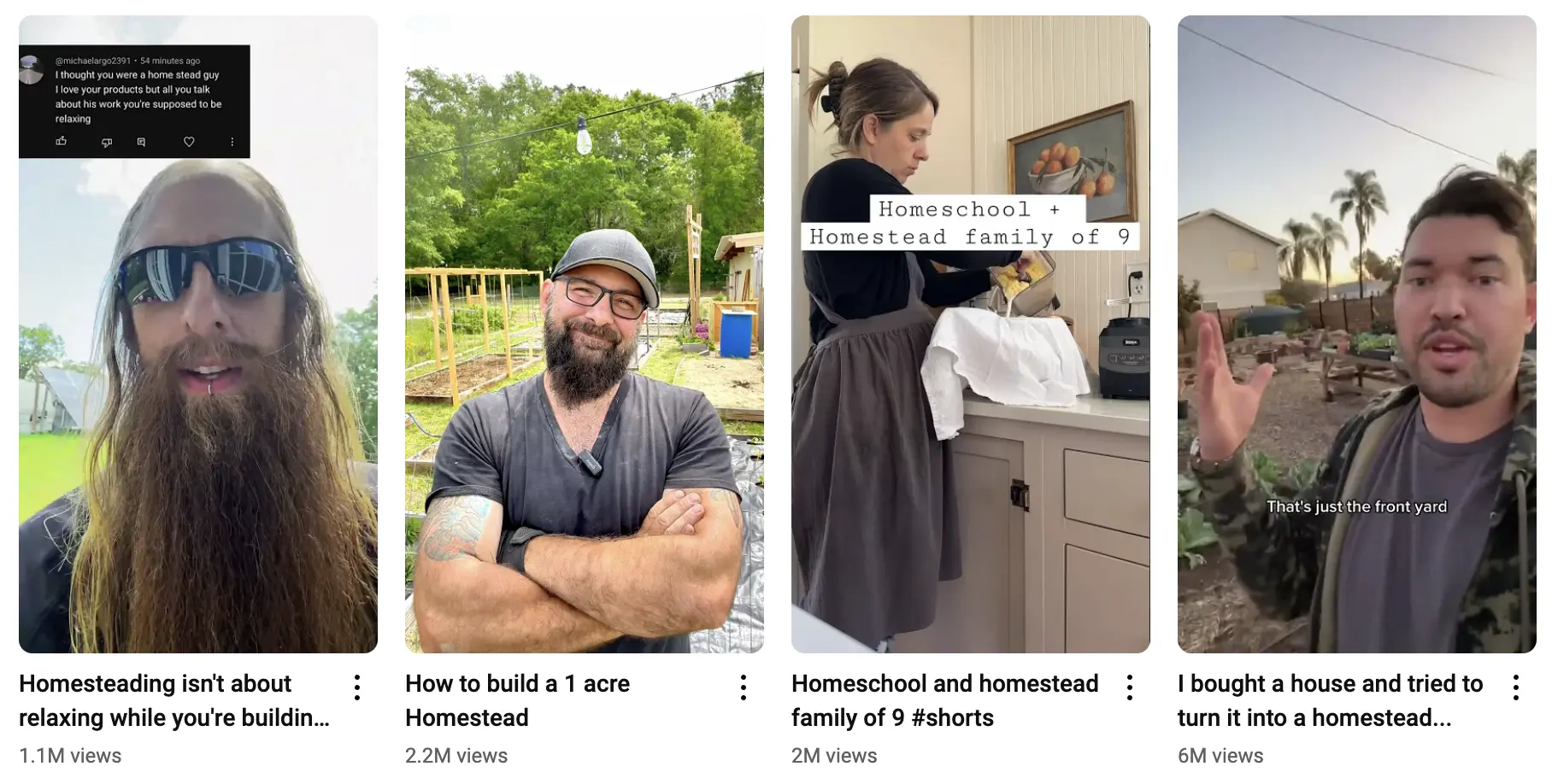 YouTube thumbnails for homesteading videos, showcasing creators outdoors, home projects, and sustainable living tips.