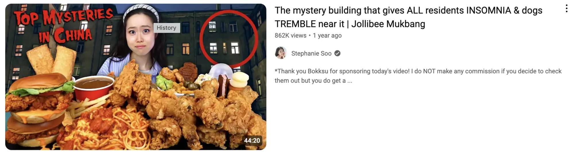 YouTube video thumbnail for a mukbang video, featuring a table of fried foods and a mystery-themed backdrop with creator reactions.