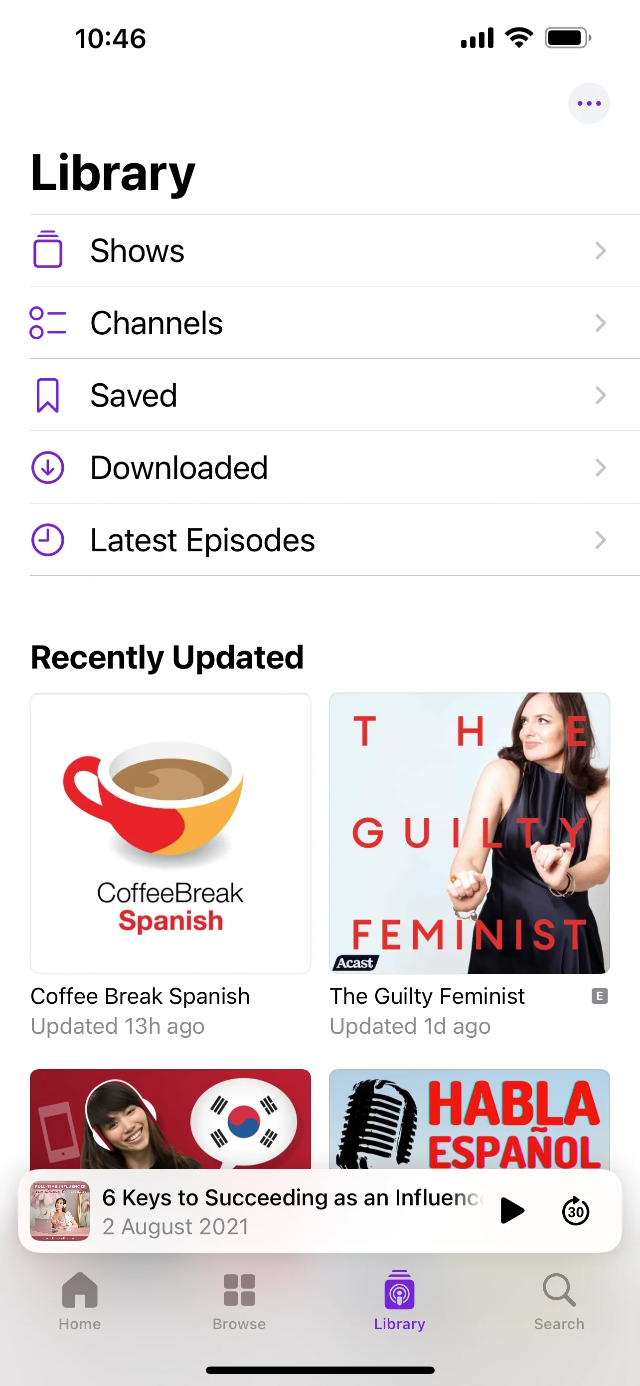 Screenshot of the ‘Library’ tab in Apple Podcasts, with the ‘Downloaded’ section highlighted. Step three in locating your downloaded episodes on Apple Podcasts