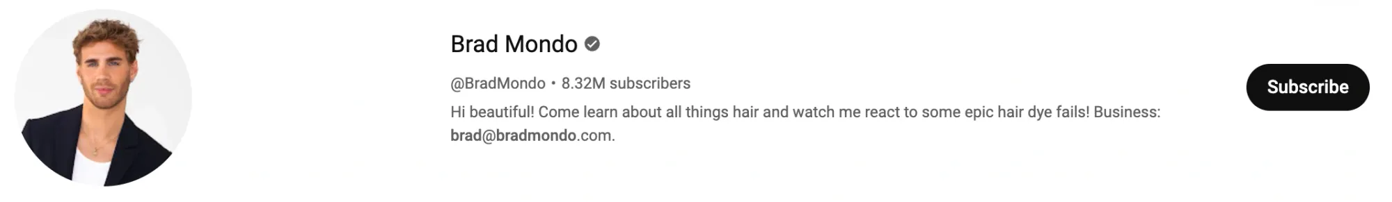 Screenshot of Brad Mondo’s YouTube profile featuring his bio: a popular hairstylist and content creator known for his energetic tutorials, styling tips, and reaction videos, with over 8.3 million subscribers.