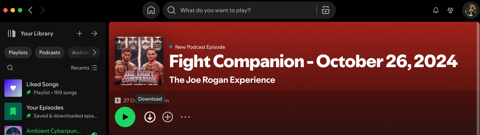 Screenshot of a podcast episode page in Spotify, with the ‘Download’ icon next to the play button highlighted. Step three in how to download podcasts on Spotify for offline listening