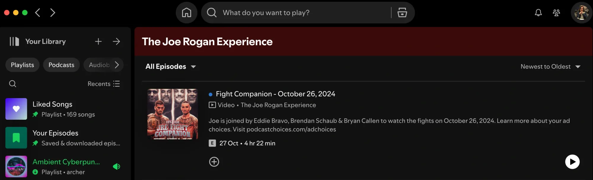 Image of the Spotify search bar with a user locating a specific podcast episode to download. Step two in how to download podcasts on Spotify