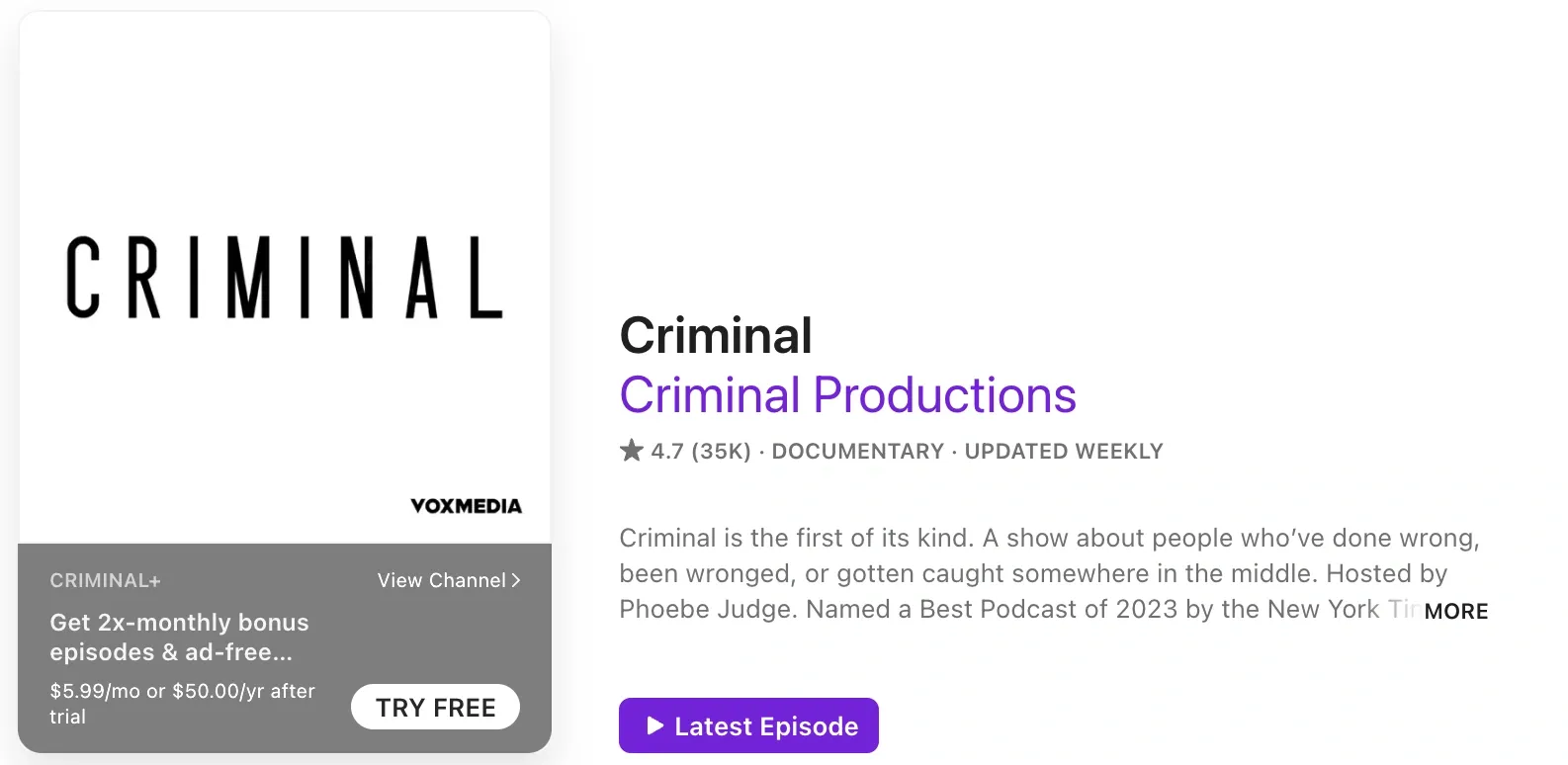 Criminal podcast cover art with host Phoebe Judge, emphasizing storytelling about crime from various perspectives