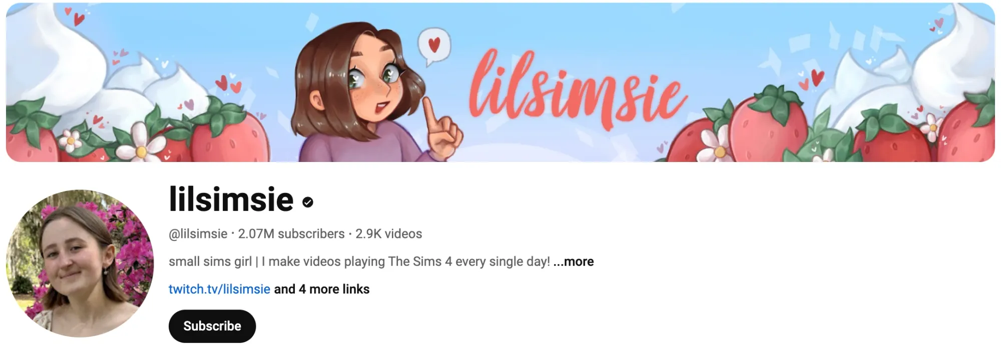 Screenshot of Lilsimsie’s YouTube banner and profile, featuring her channel name in playful, bold text with bright colors, showcasing her as a leading creator in The Sims community