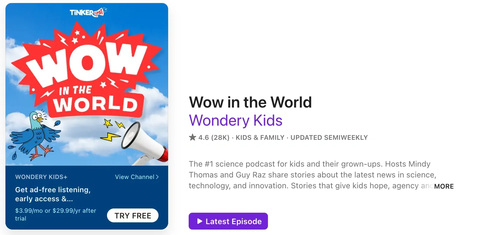 Wow in the World podcast cover art with animated hosts Mindy Thomas and Guy Raz in a colorful, imaginative world