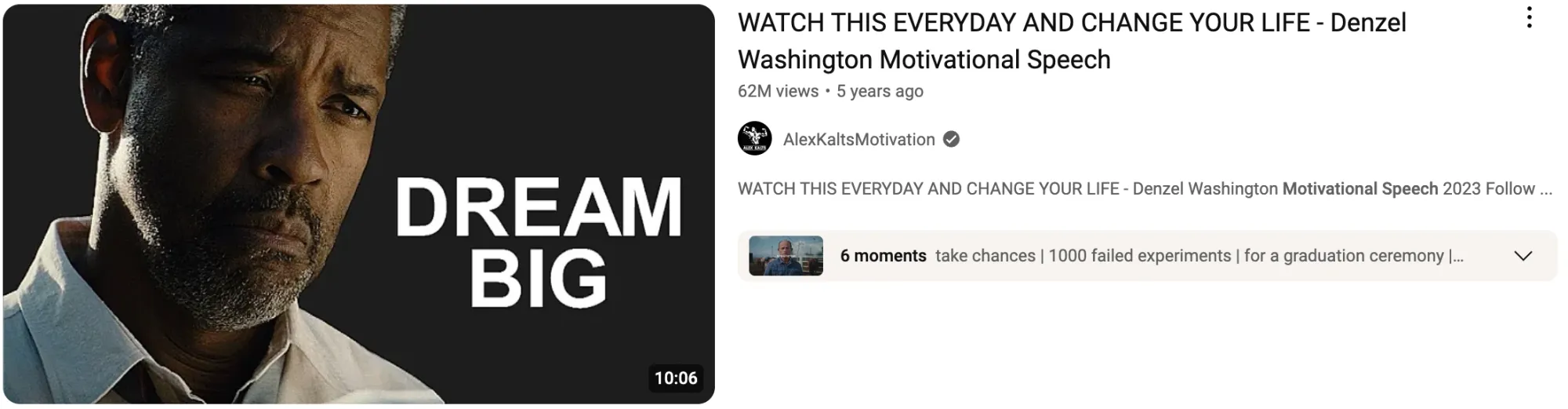 A faceless YouTube video with motivational speech featuring Denzel Washington audio paired with impactful imagery and text overlays.