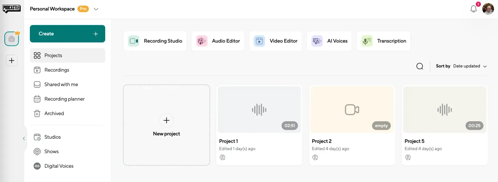 Podcastle main dashboard displaying project options such as video editing, recording studio, and AI voices, designed for creating and editing TikTok videos.