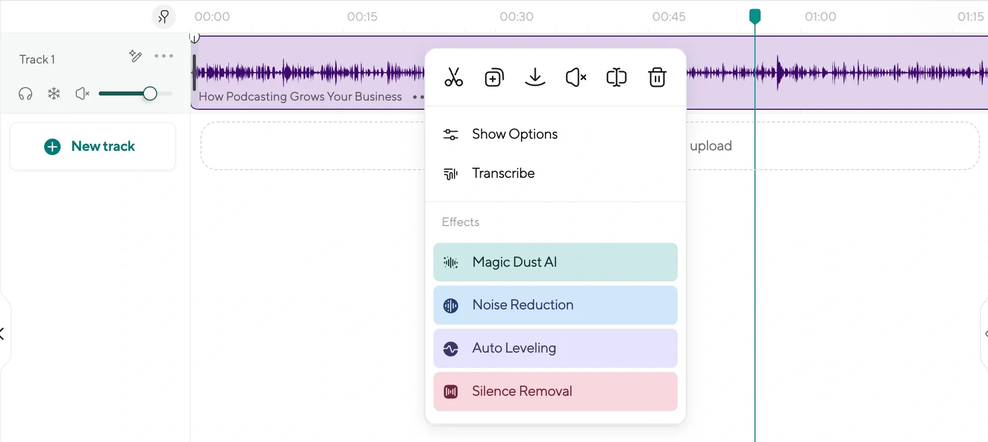 Right-click menu showing AI-powered tools like transcription, noise reduction, silence removal, and leveling for clean voice memos.