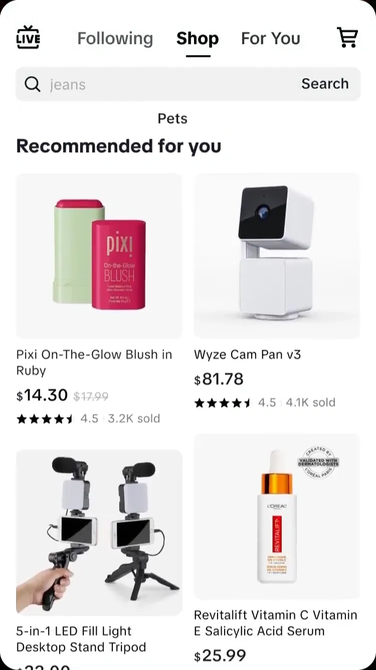 TikTok shopping feature showing recommended products like beauty and tech items, targeting personal preferences.