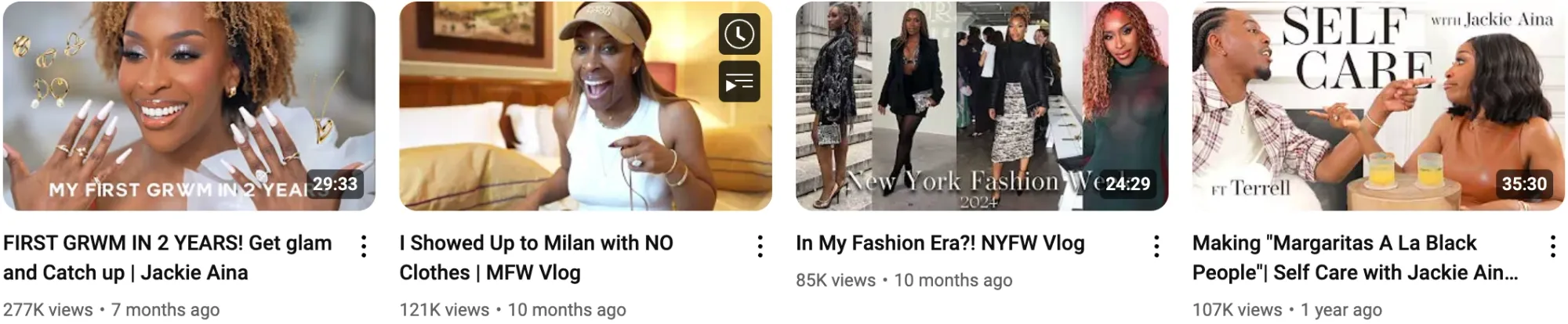 Video carousel of Jackie Aina's latest videos on YouTube