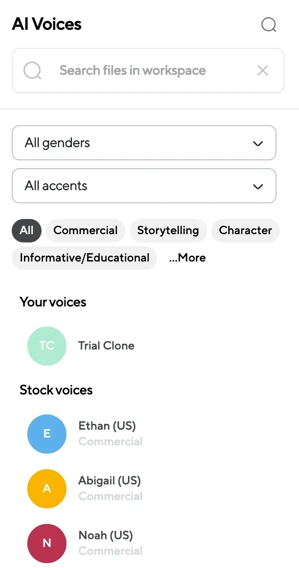 List of AI voices with gender and accent filters for customization.