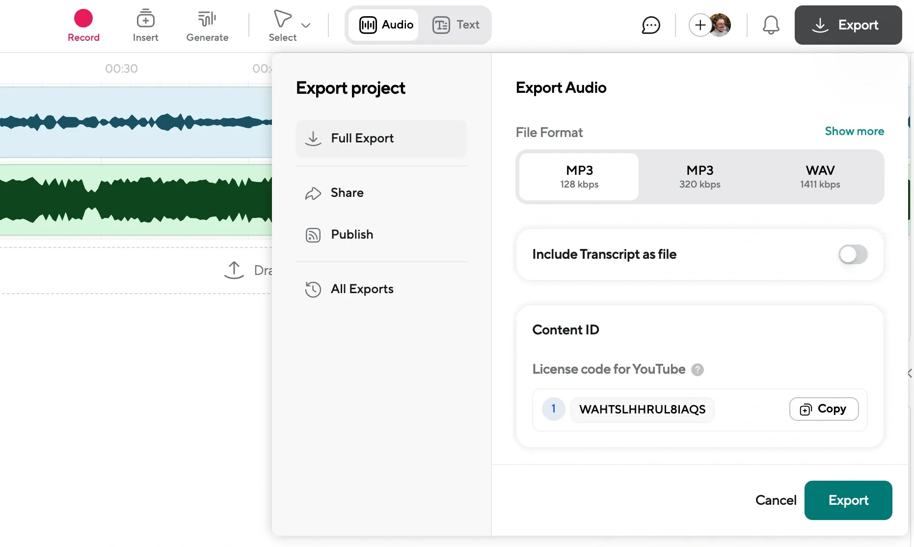 Export AI voice projects in multiple formats with content ID options.