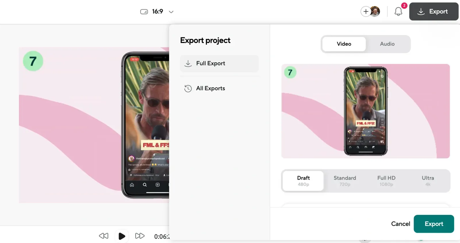 Podcastle’s export screen for video podcast publishing, with resolution options for high-quality downloads.