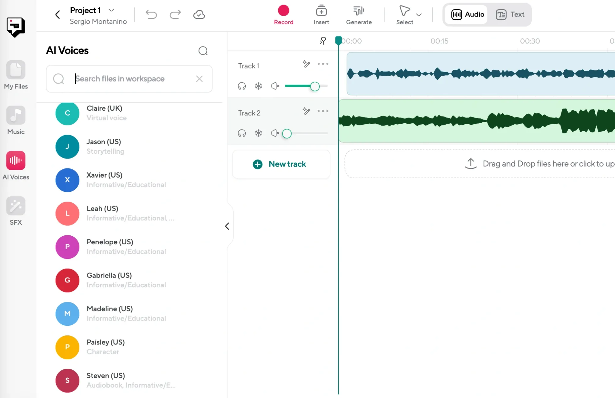 AI voices panel showing different AI narrators for podcasts