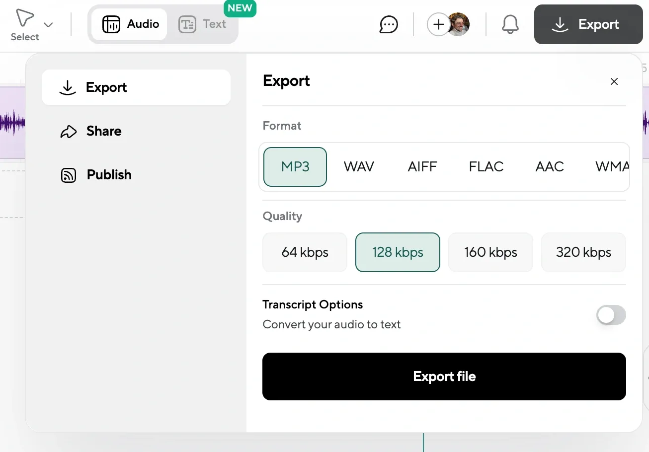 Export menu showing audio file formats and audio quality for podcast recordings