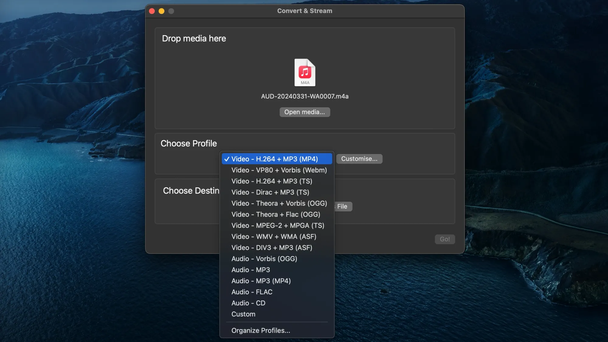 VLC convert and stream window with M4A file loaded and audio format set to MP3 or FLAC.